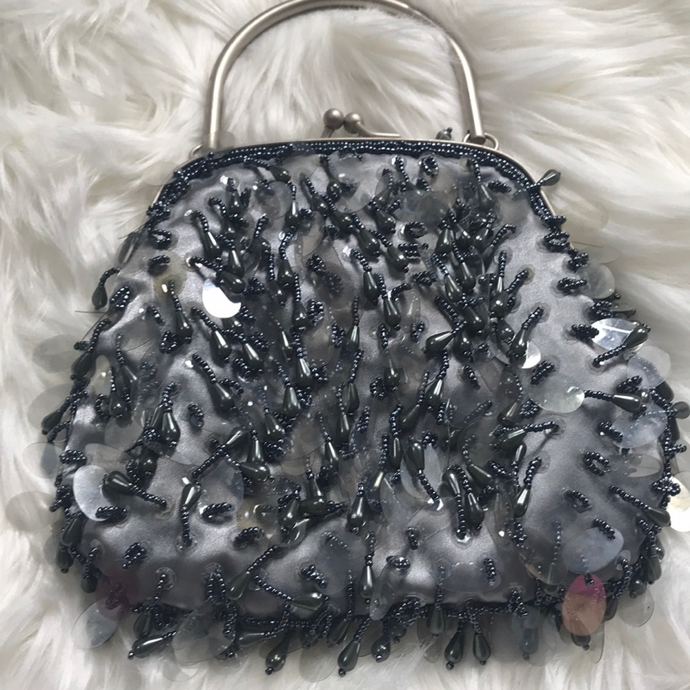 Loft Beaded Silver Satin and Paillette Evening Bag